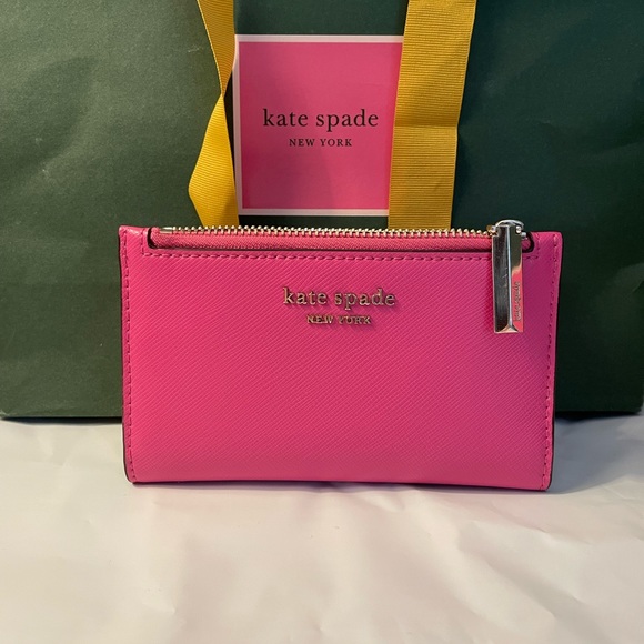 KATE SPADE Bright Pink 6 Gusset + 3 pockets + ID Holder Wallet w Gold Hardware. - Picture 3 of 11
